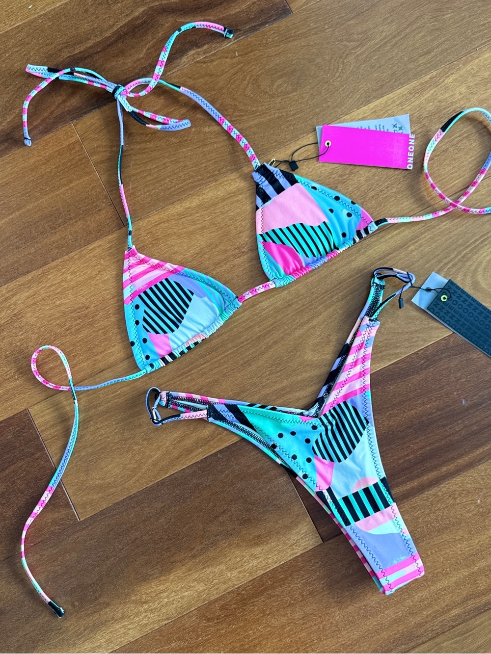 NWT ONEONE ONE ONE NEON 80s 90s retro vintage Brazilian bikini thong Geometric